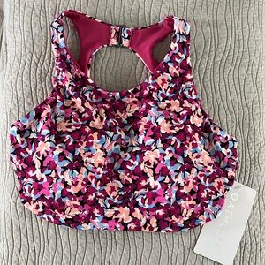 NWT Athleta Maldives Bra Cup Bikini Top High Neck Pink Floral Size 32DD